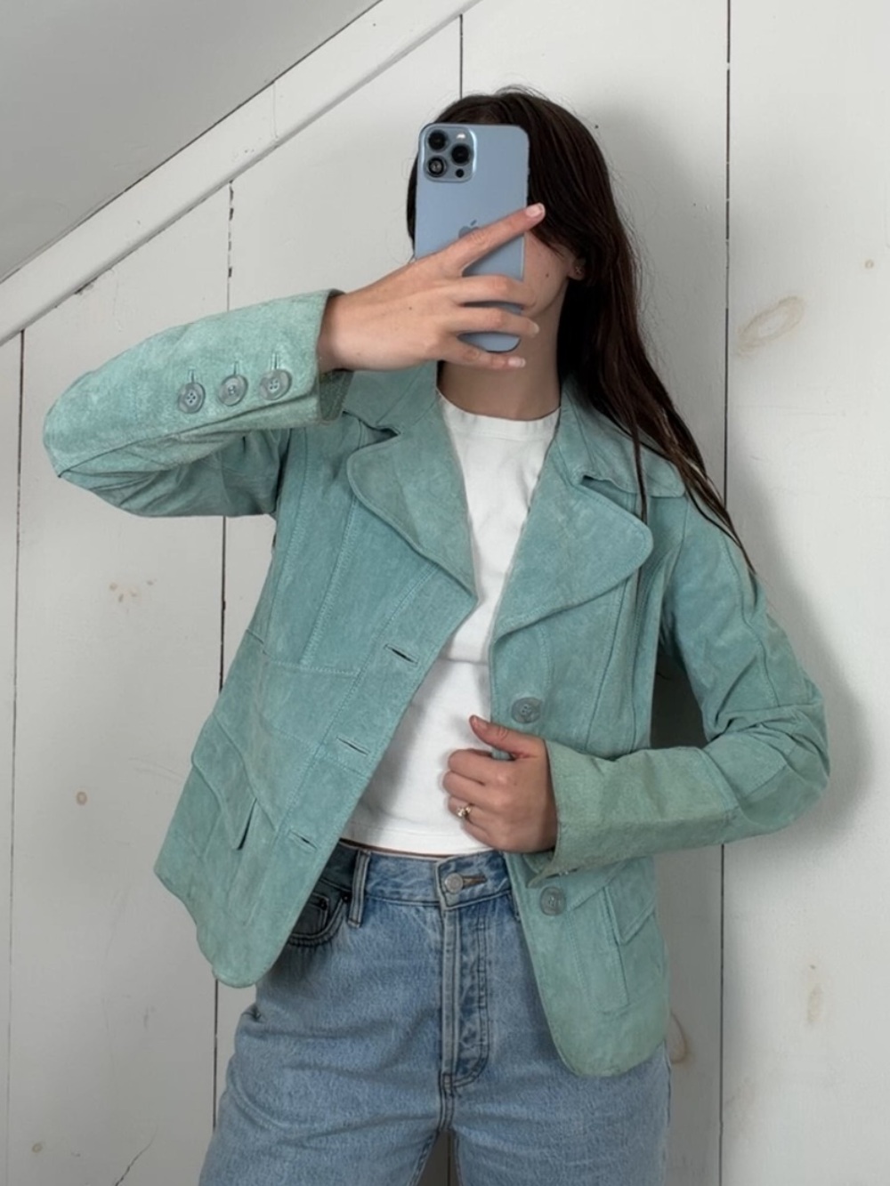 Vintage Wilsons Leather Teal Blue Suede Button Front Blazer Jacket Womens Medium